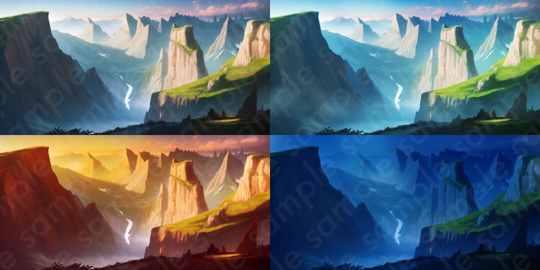 【背景素材6種セット】ファンタジー系セットB/山・雪山・海・魔王城など【差分4種:朝・昼・夕・夜】