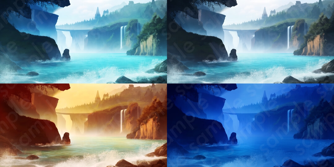 【背景素材6種セット】ファンタジー系セットB/山・雪山・海・魔王城など【差分4種:朝・昼・夕・夜】