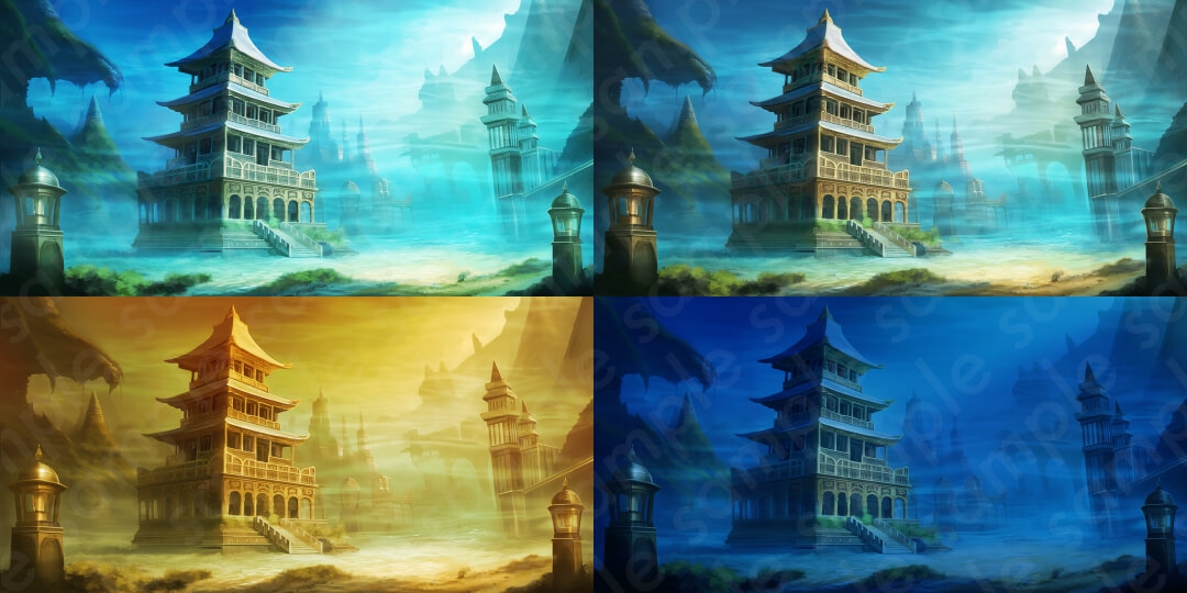 【背景素材6種セット】ファンタジー系セットB/山・雪山・海・魔王城など【差分4種:朝・昼・夕・夜】