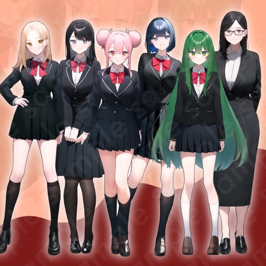 【立ち絵素材6人セット】女子高生・制服・教師・女性・全身表情9種+α