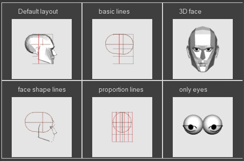 3D reference model head with lines and moving eyes