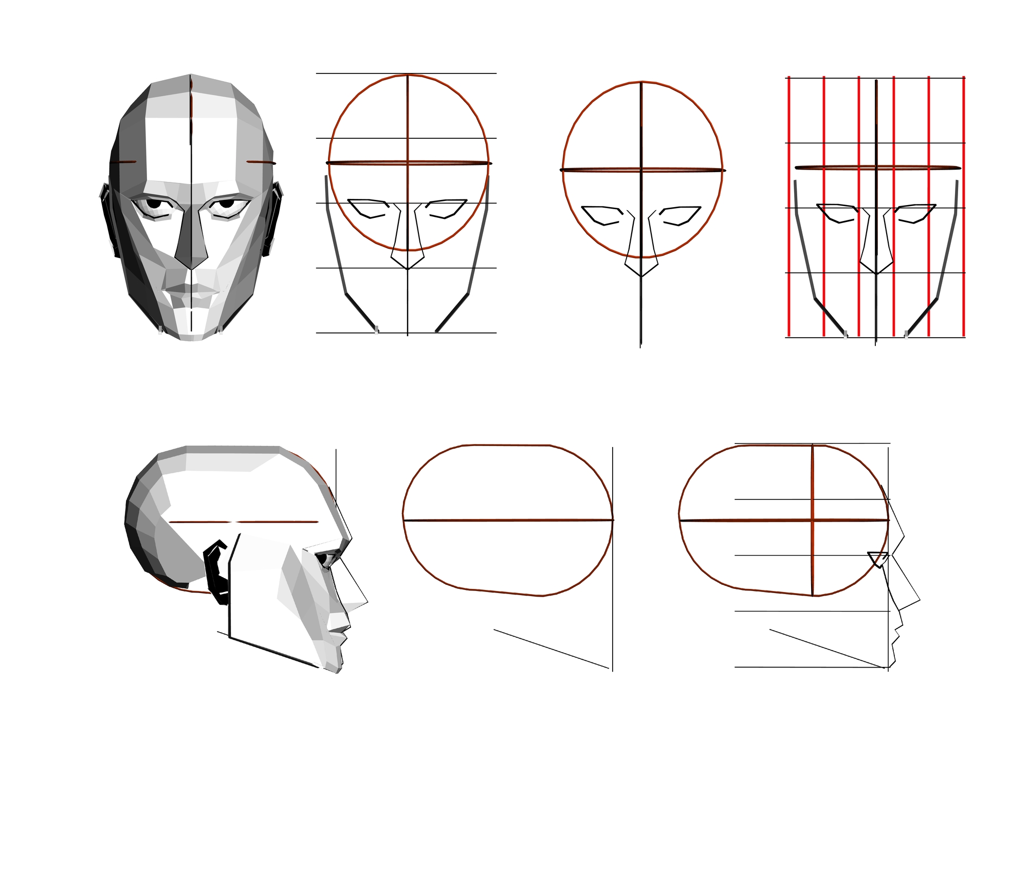 3D reference model head with lines and moving eyes