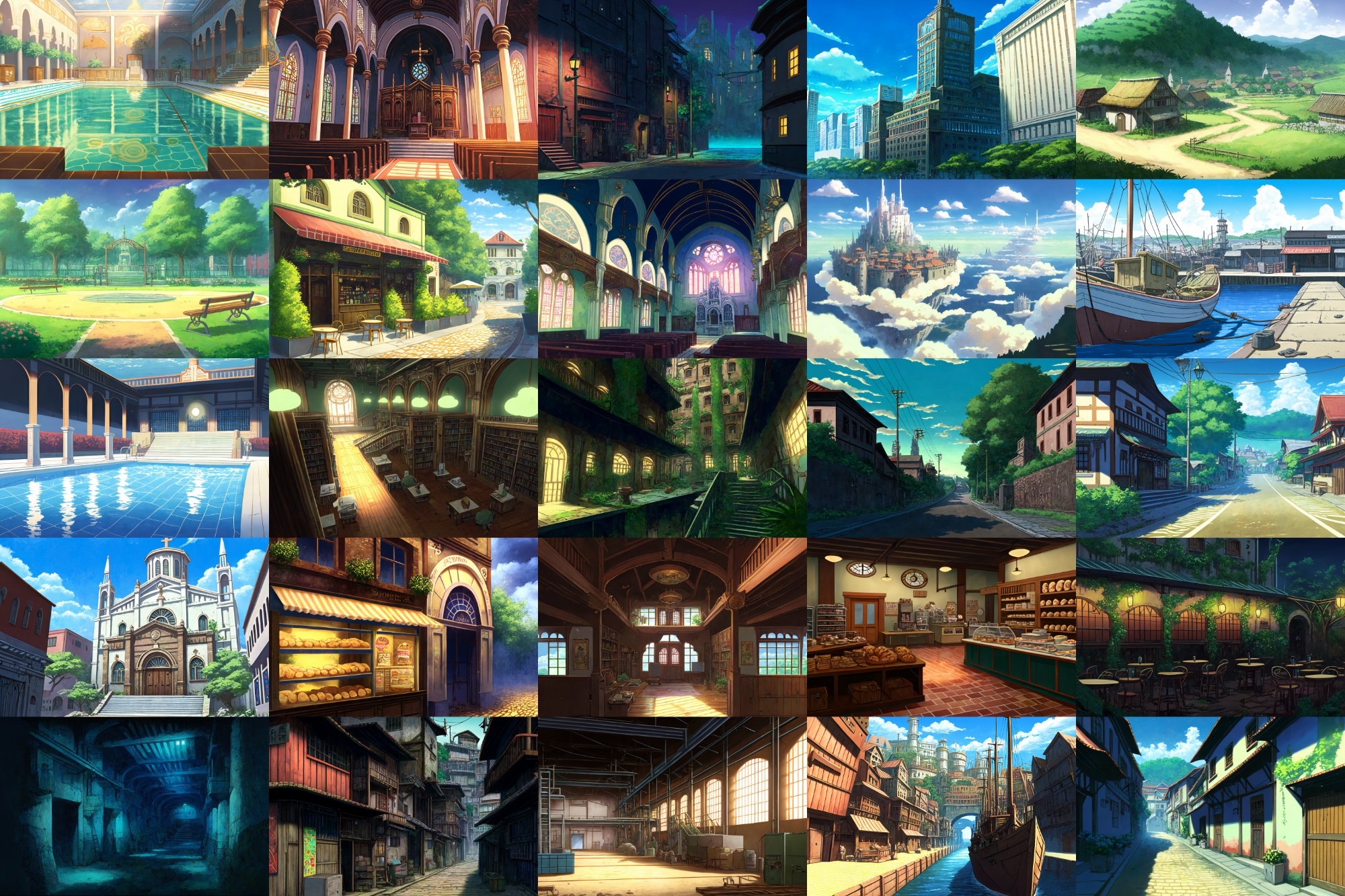 【アニメ映画風の街や施設の背景】著作権フリーの高解像度画像(100枚)