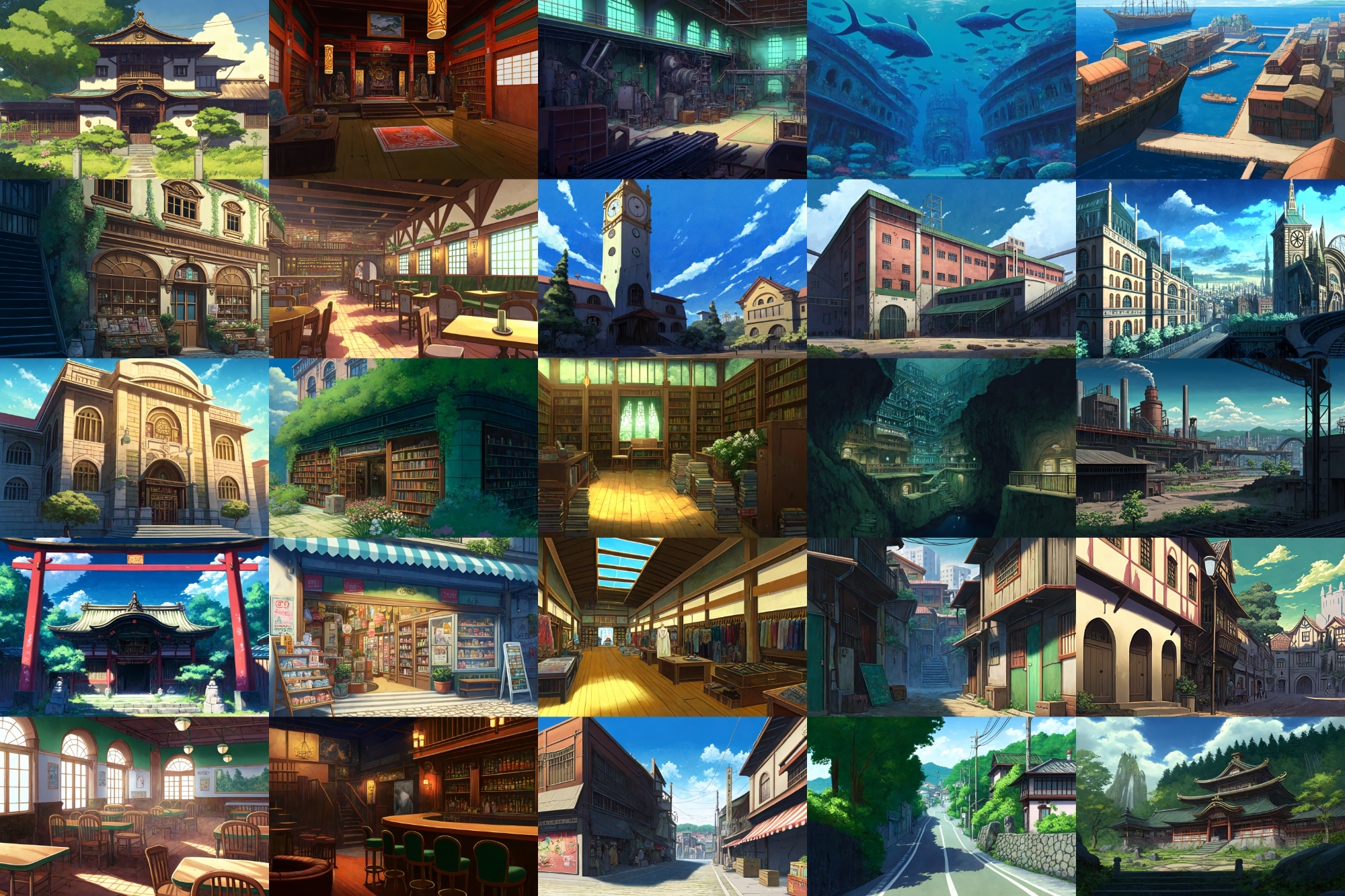 【アニメ映画風の街や施設の背景】著作権フリーの高解像度画像(100枚)