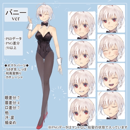 うさぎっ娘のバニーガールの全身立ち絵(うさ耳・髪飾り等のオマケパーツ付き)