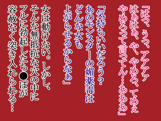 そのヤンキー口調の女魔術師はモンスターに両手両足を固められ、 媚薬毒針を差し込まれた後、通りかかった魔法剣士に肉の剣を挿し込まれた。