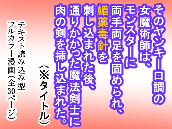 そのヤンキー口調の女魔術師はモンスターに両手両足を固められ、 媚薬毒針を差し込まれた後、通りかかった魔法剣士に肉の剣を挿し込まれた。