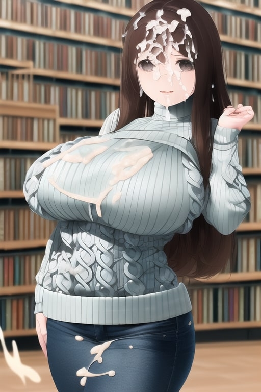 図書館にいるセーター爆乳にぶっかけ☆