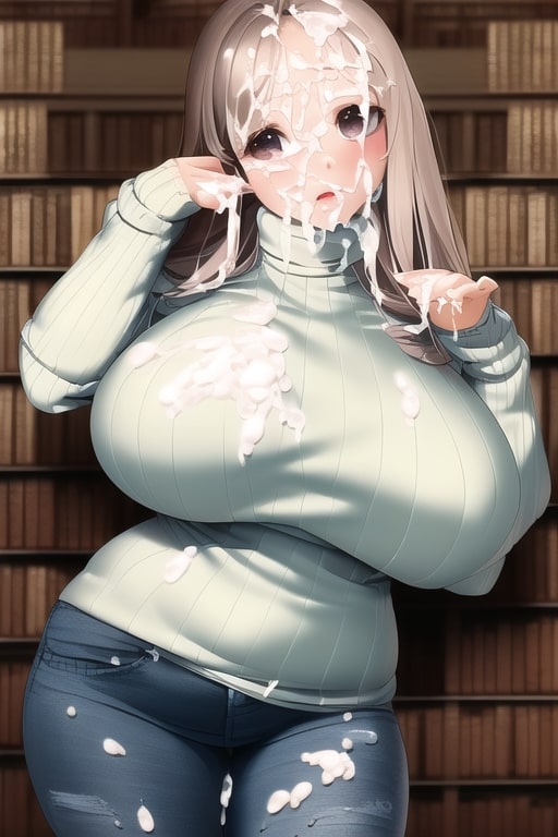 図書館にいるセーター爆乳にぶっかけ☆