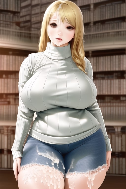 図書館にいるセーター爆乳にぶっかけ☆