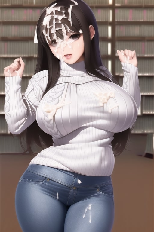 図書館にいるセーター爆乳にぶっかけ☆