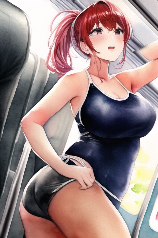 悲報!スク水女さん、電車で生着がえ。