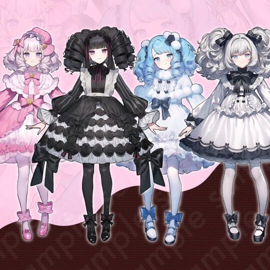 【立ち絵素材】ゴスロリ・ロリータファッション・ピンク・黒・水色・白_女性4人セット・全身表情10種+α