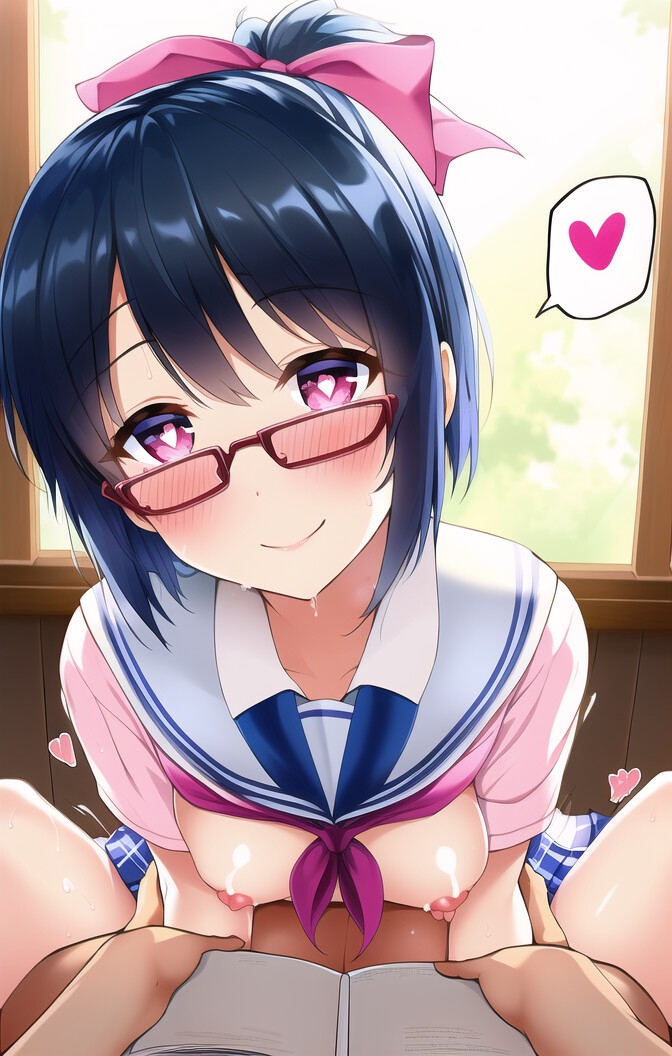 青い髪セーラー服のめがね娘