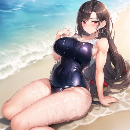 元格闘家の人妻コスプレCG集「ビーチでスク水」編01