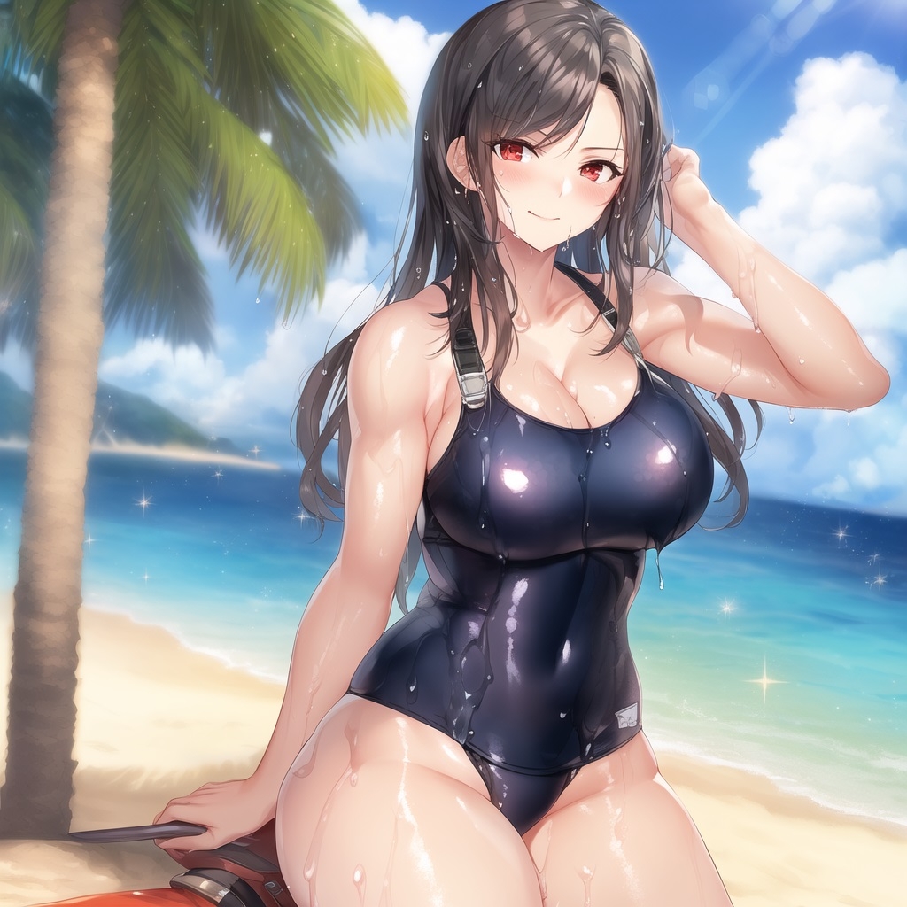 元格闘家の人妻コスプレCG集「ビーチでスク水」編01