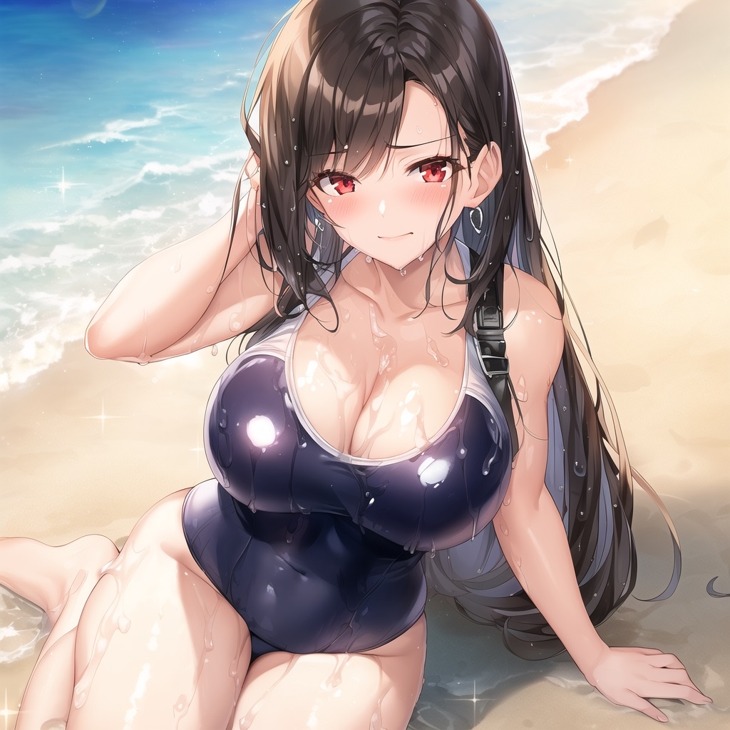 元格闘家の人妻コスプレCG集「ビーチでスク水」編01