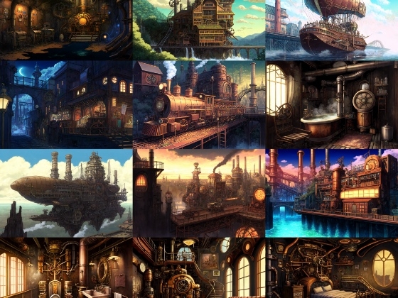 【アニメ映画スチームパンク背景】著作権フリーの高解像度画像(100枚)