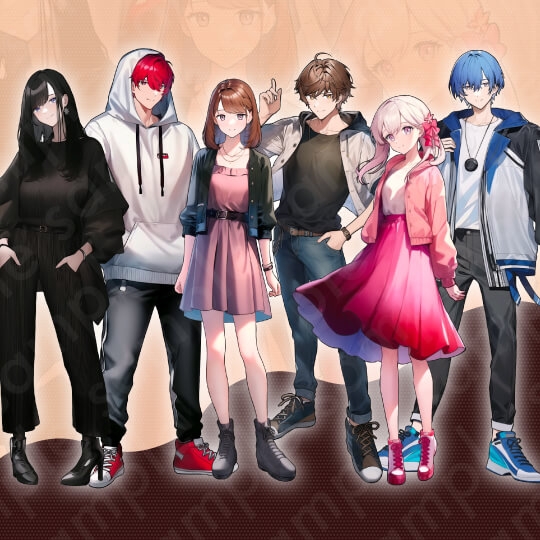 【立ち絵素材6人セット】私服・10代〜20代・大学生・男性・女性・全身表情10種+α