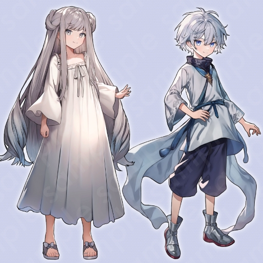 【立ち絵素材2人セット】謎めいた白髪の少年少女のイラスト・ファンタジー系・全身表情10種+α
