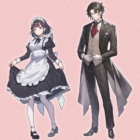 【立ち絵素材2人セット】明るい雰囲気の黒髪メイド・優しげで紳士な雰囲気の茶髪執事のイラスト・全身表情10種+α