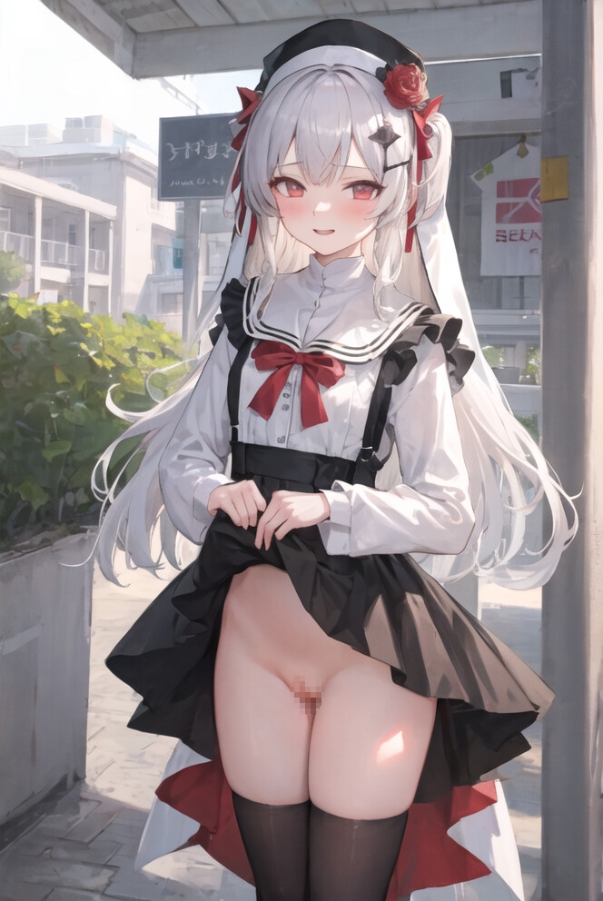 白髪の学生修道女露出