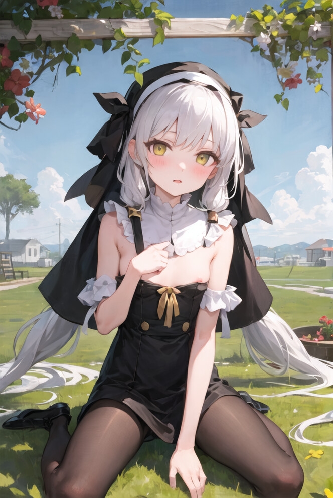 白髪の学生修道女露出