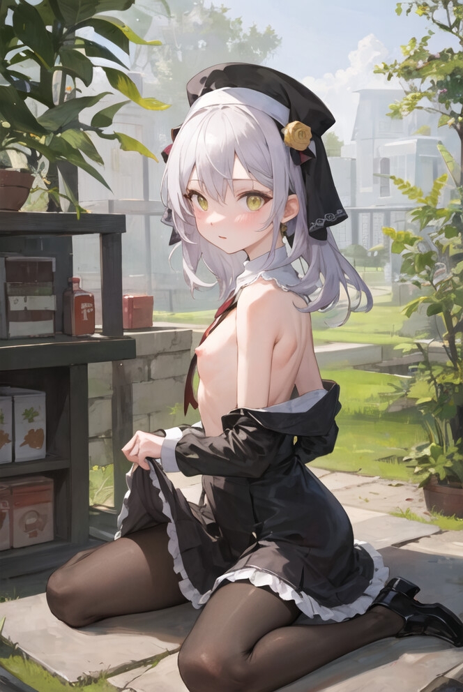 白髪の学生修道女露出