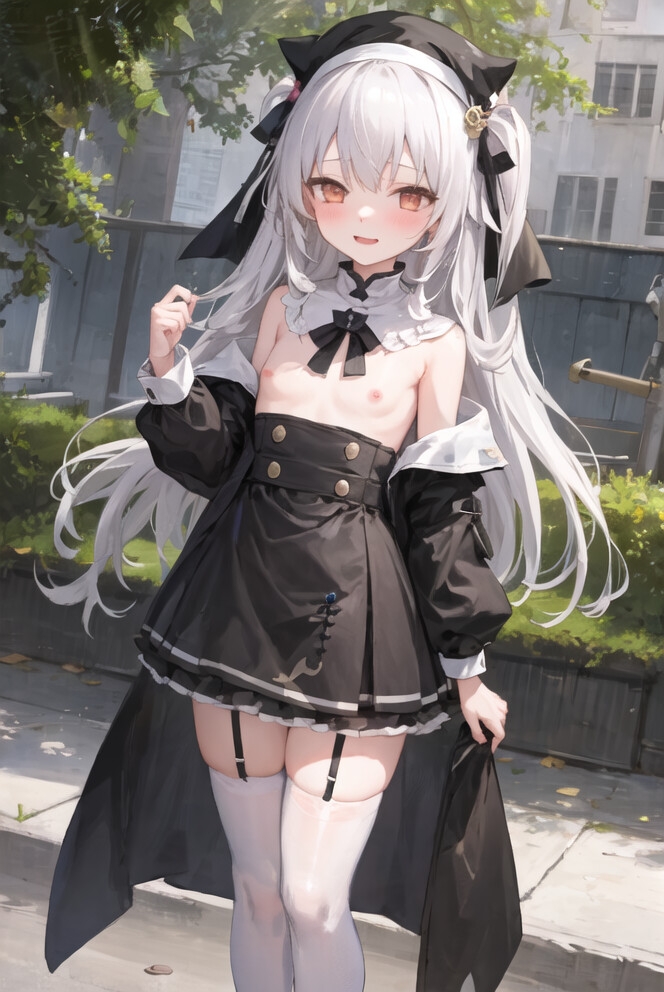 白髪の学生修道女露出