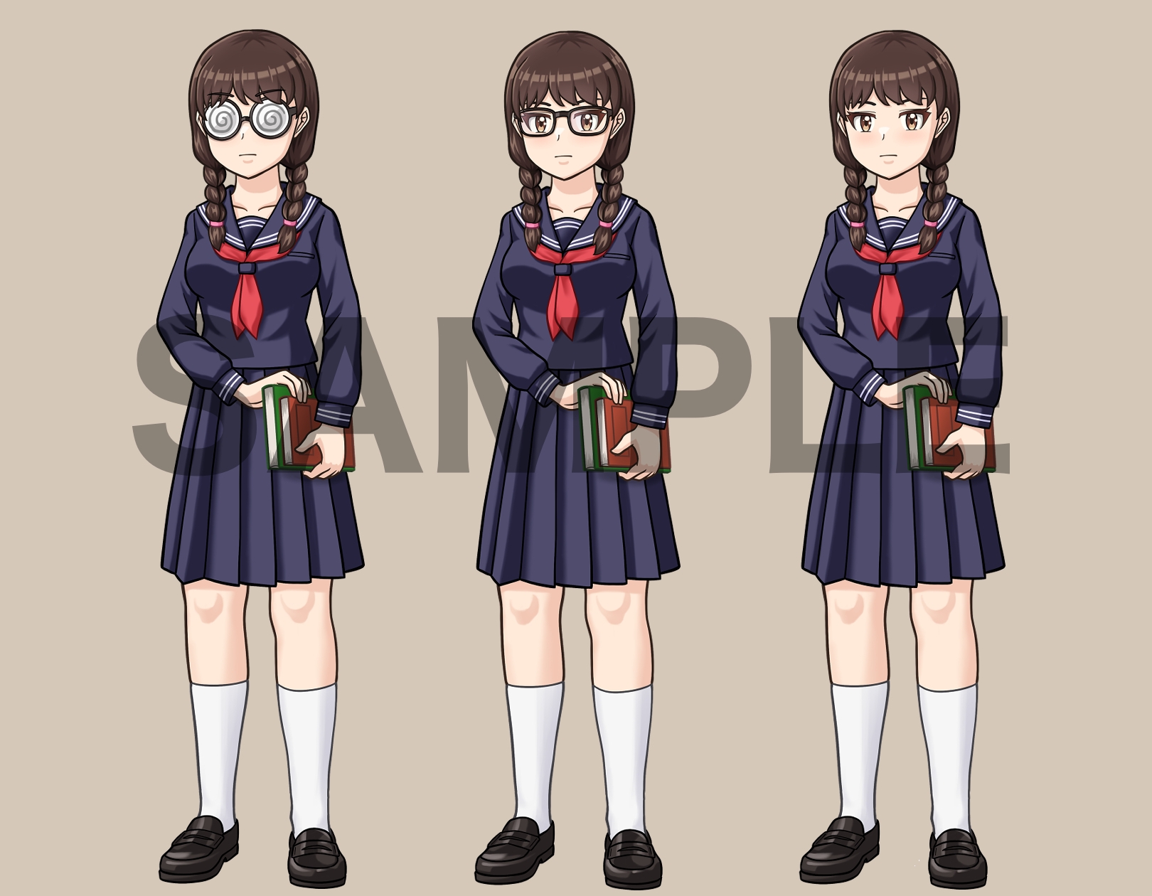 立ち絵素材、ぐるぐるメガネ三つ編みおさげの女子高生、セーラー服、ブレザー、C20