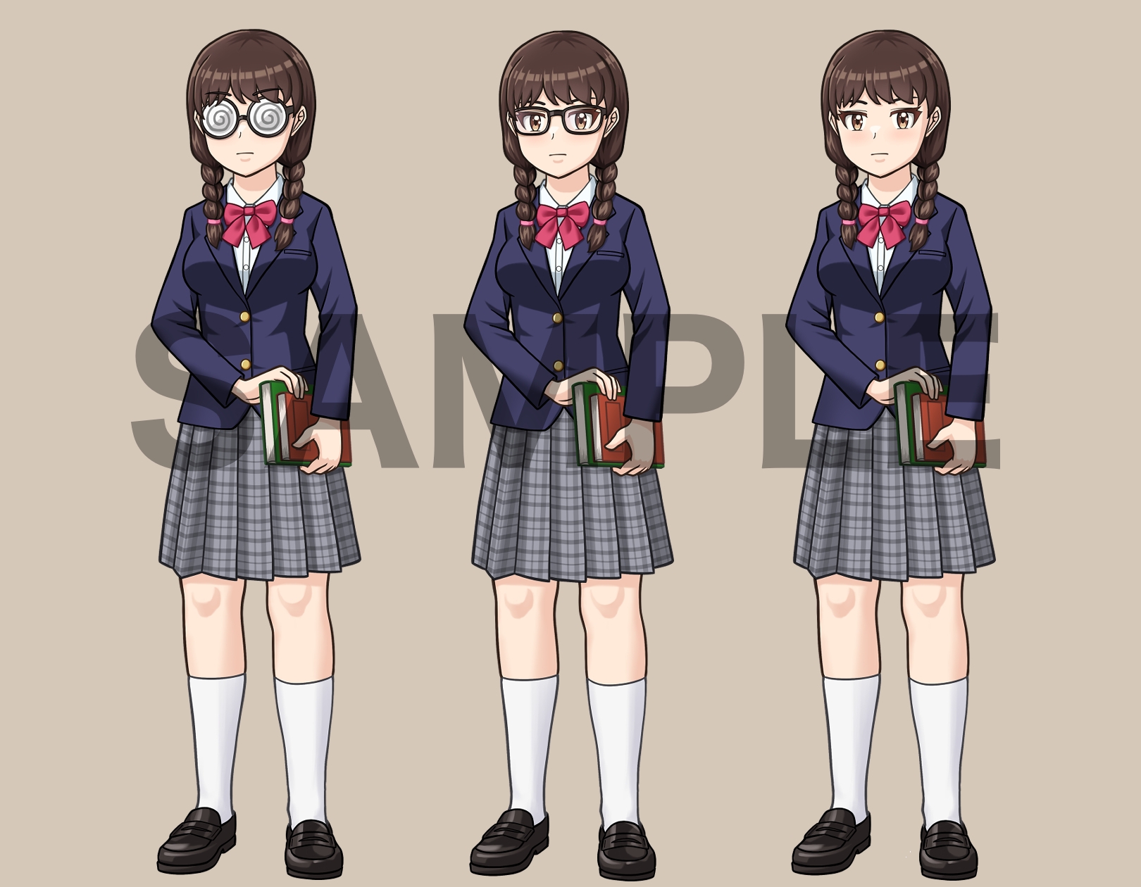 立ち絵素材、ぐるぐるメガネ三つ編みおさげの女子高生、セーラー服、ブレザー、C20