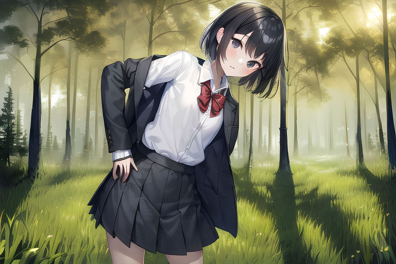 小柄な女の子が森林の公園でストリーキング