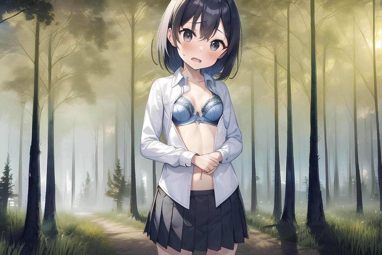 小柄な女の子が森林の公園でストリーキング