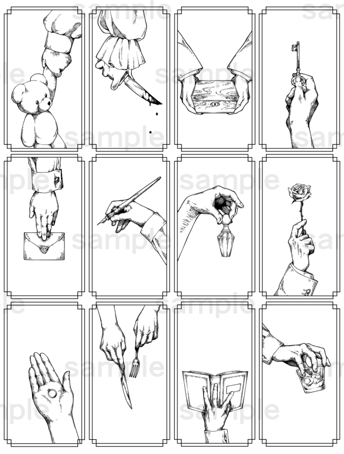 ペン画風の手のイラスト素材 12種(黒、白、ゴールド3色)