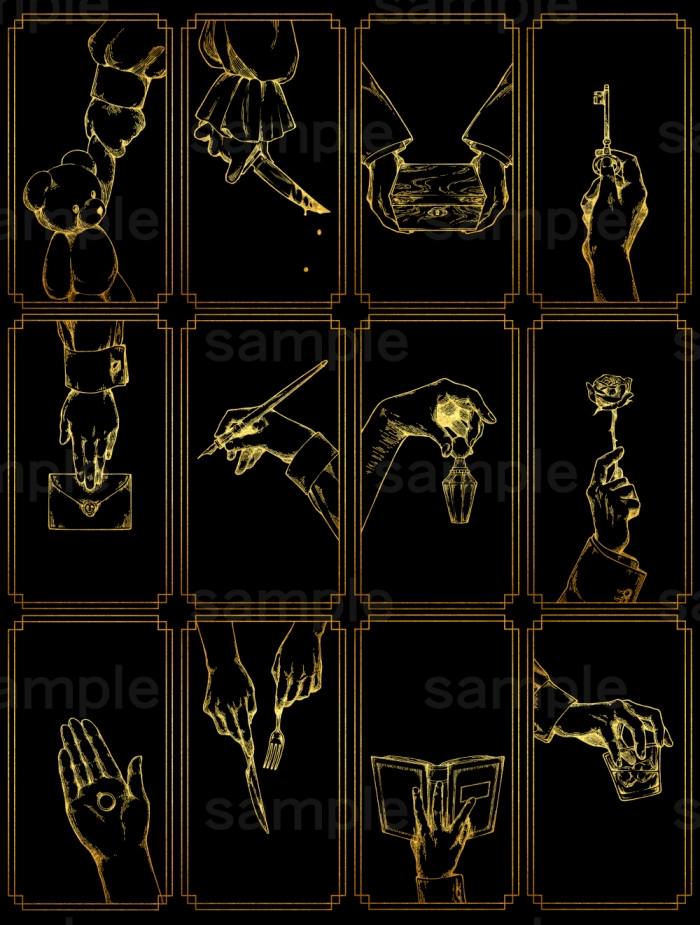 ペン画風の手のイラスト素材 12種(黒、白、ゴールド3色)