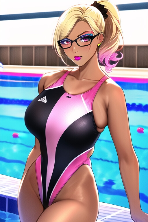 黒ギャル+メガネ+競泳水着
