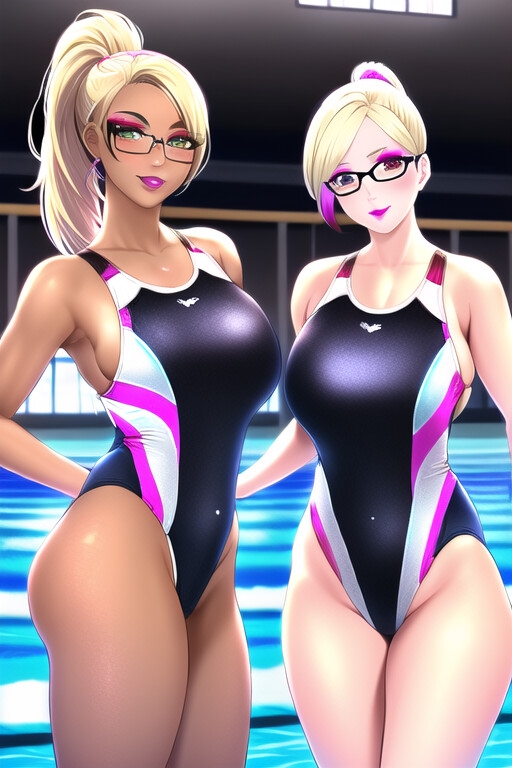 黒ギャル+メガネ+競泳水着