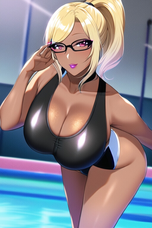 黒ギャル+メガネ+競泳水着