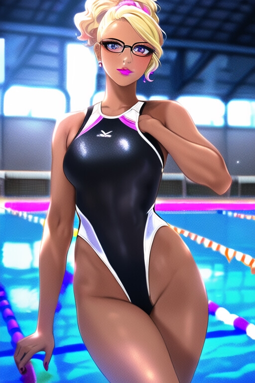 黒ギャル+メガネ+競泳水着