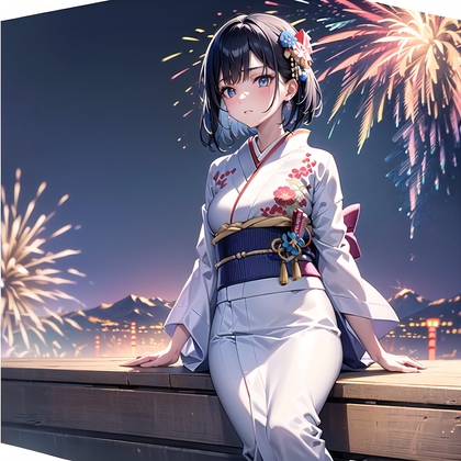 刺繍きもの美女と花火の夜