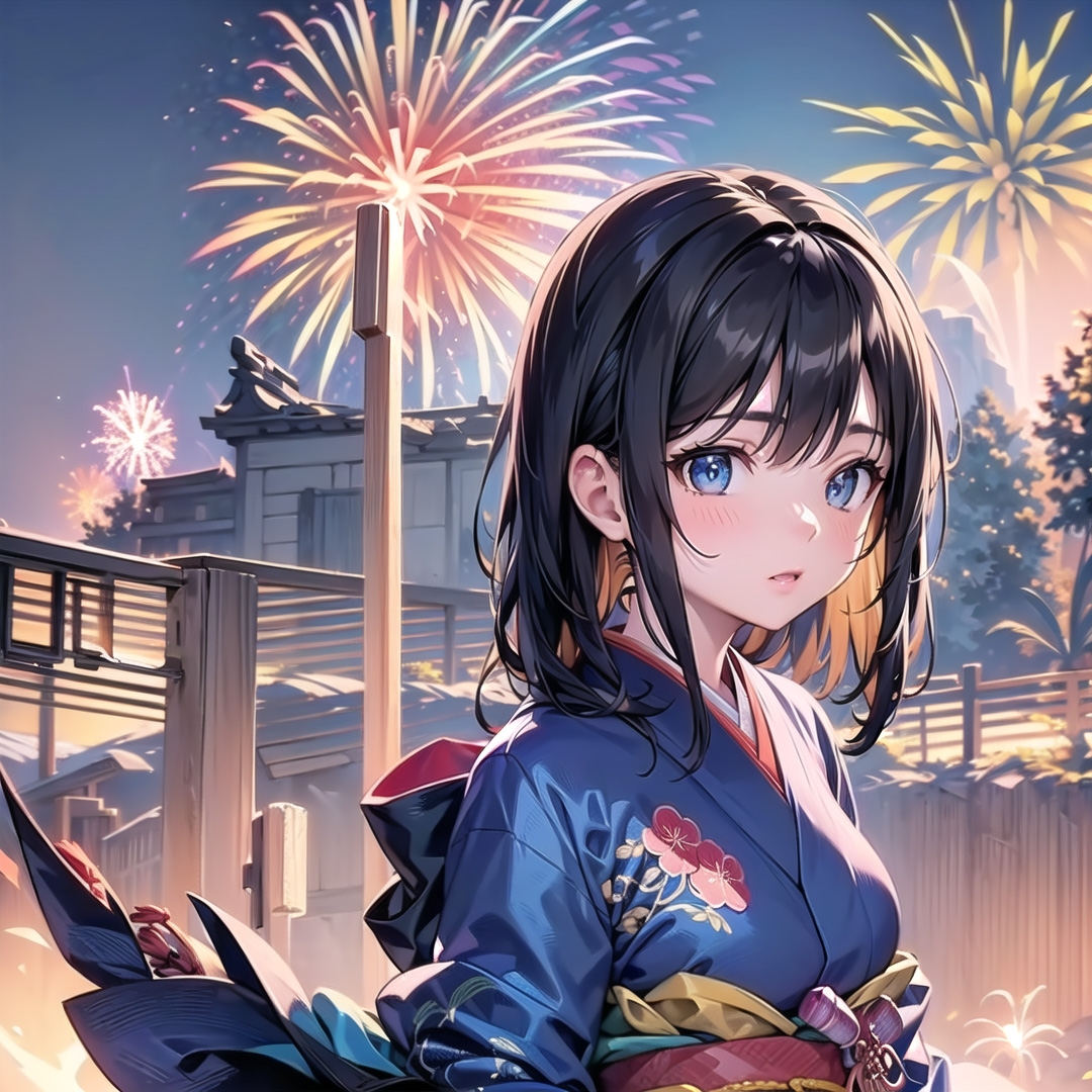 刺繍きもの美女と花火の夜