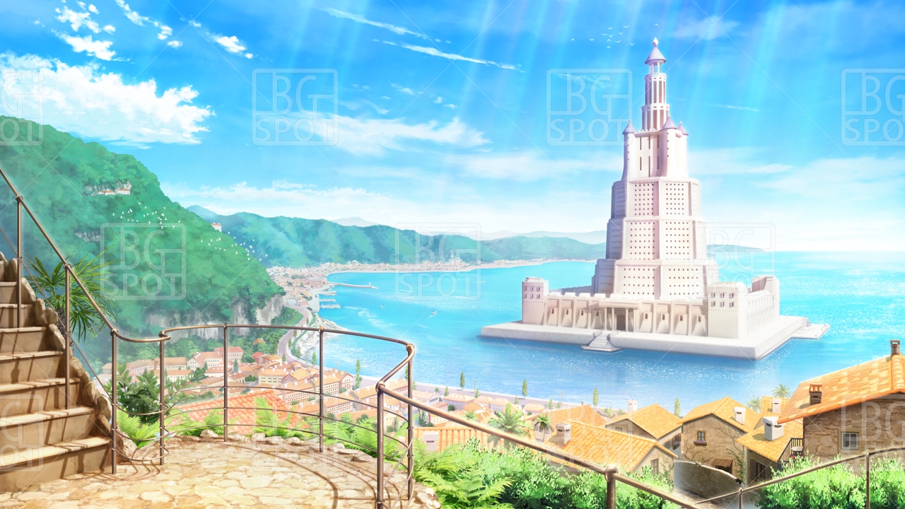 BG_水上の塔と海岸町_ver1.0