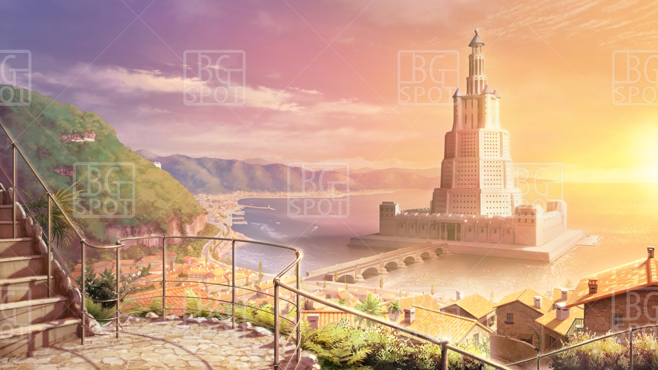 BG_水上の塔と海岸町_ver1.0