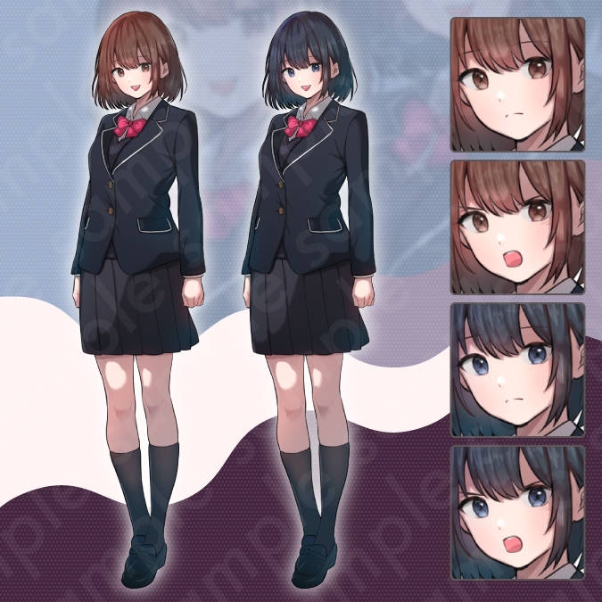 【立ち絵素材】ブレザーの制服を着た男子・女子高校生のモブキャライラスト・現代・黒髪・茶髪・全身表情3種