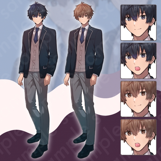 【立ち絵素材】ブレザーの制服を着た男子・女子高校生のモブキャライラスト・現代・黒髪・茶髪・全身表情3種