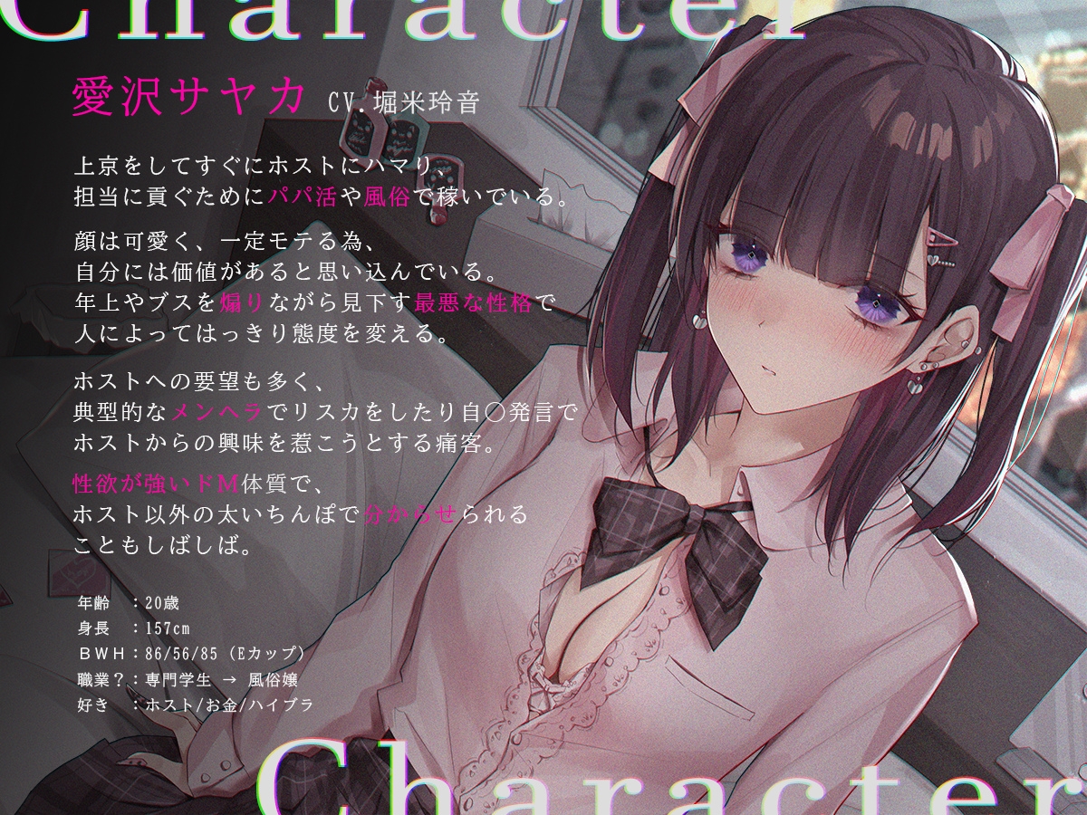 【地雷系・オホ雑魚】見た目だけいいホス狂メンヘラ愛沢サヤカ(20歳)は、今日も身体で稼いで全額担当に貢ぐクズ女。