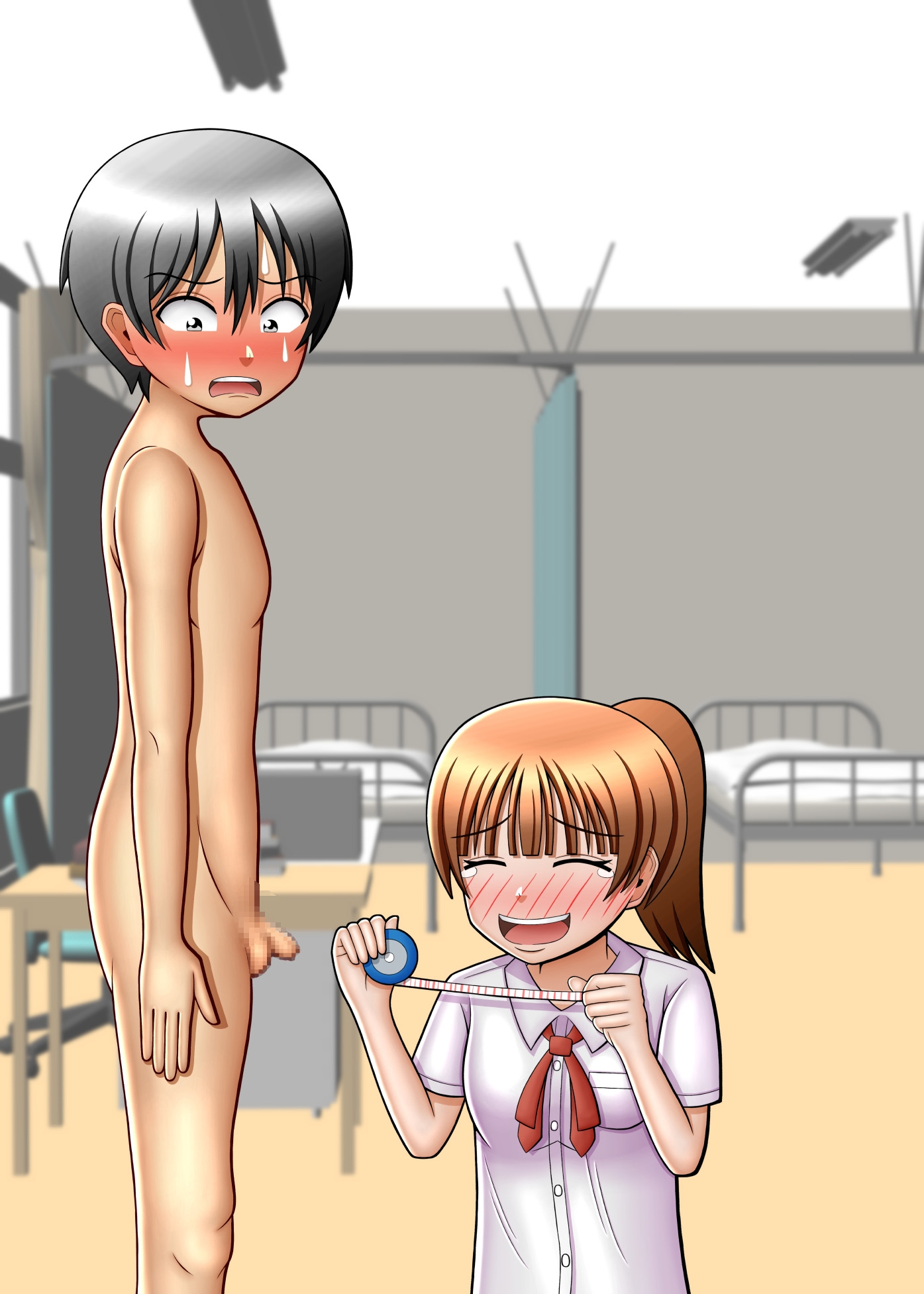 CFNM!!チン長測定で保健委員のカワイイ同級生の女子に短小包茎おちんちんを大爆笑される!!(笑)