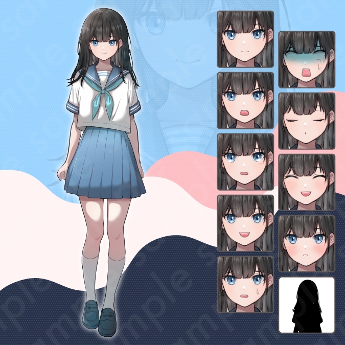【立ち絵素材6人セット】セーラー服を着た女子中学生キャラクターイラスト・全身表情10種+α