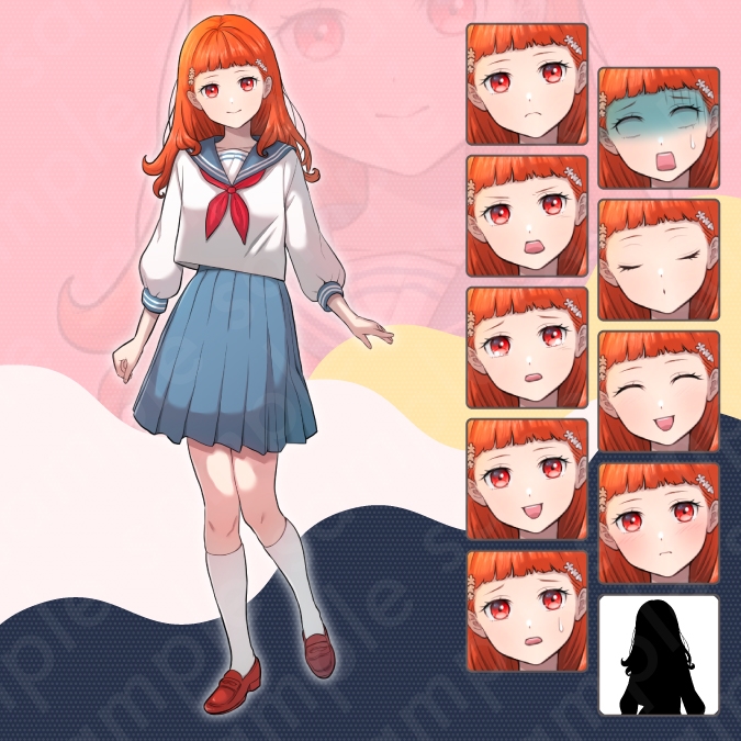 【立ち絵素材6人セット】セーラー服を着た女子中学生キャラクターイラスト・全身表情10種+α