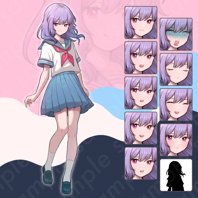 【立ち絵素材6人セット】セーラー服を着た女子中学生キャラクターイラスト・全身表情10種+α